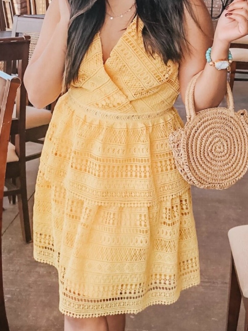 miami Yellow Crochet V-Neck Tiered Mini Dress - Picture 1 of 10